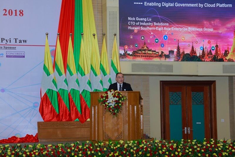 Mr. Nick Guang Lu, Chief Technology Officer of Industry Solutions, Huawei Southern-East Asia Enterprise Business Group presenting at the 3rd e-Government Conference and ICT Exhibition, held in Nay Pyi Taw from 27 to 28 November, 2018